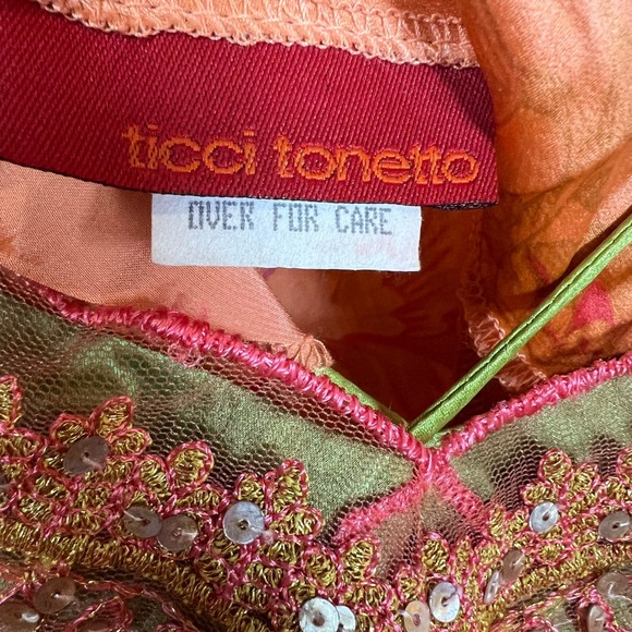 Whimsical 90s Y2K Midi Slip Dress Size M Paisley Satin Sequin Mesh Trim Orange - Picture 7 of 11